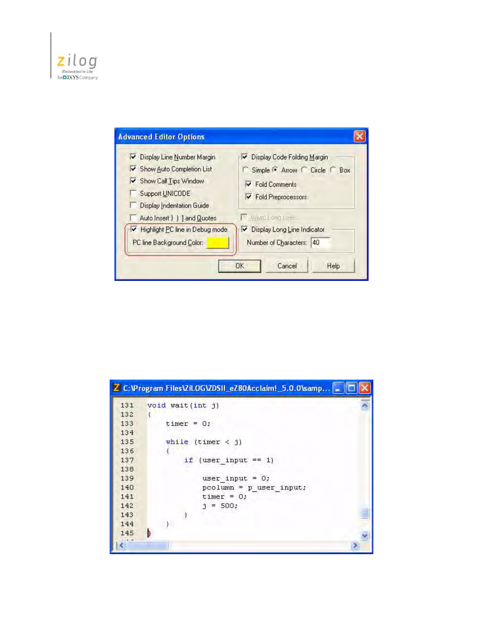Mismatched brace highlighting, Figure 134. mismatched brace highlighting | Zilog Z8F0130 User Manual | Page 214 / 582