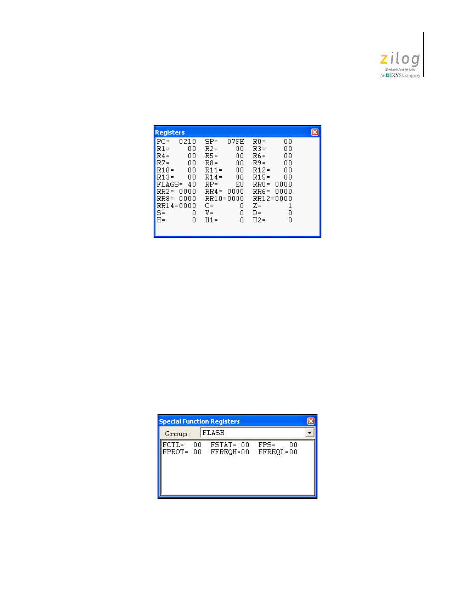 Special function registers window, Figure 143. registers window, Figure 144. special function registers window | Zilog Z8F0130 User Manual | Page 413 / 582