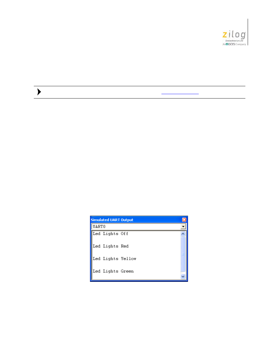 Simulated uart output window, Figure 158. simulated uart output window, In the | Zilog Z8F0130 User Manual | Page 427 / 582