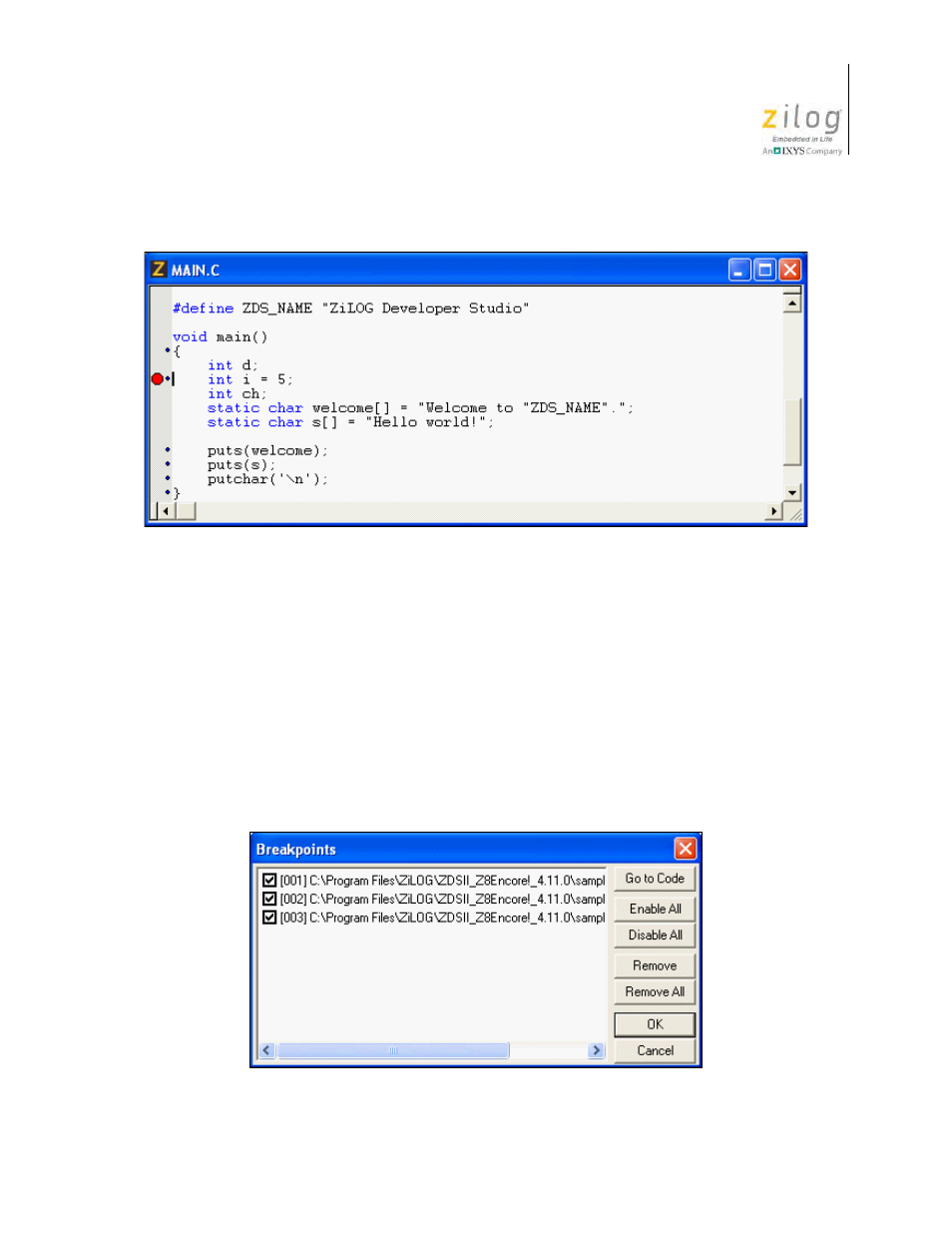 Viewing breakpoints, Figure 159. setting a breakpoint | Zilog Z8F0130 User Manual | Page 429 / 582