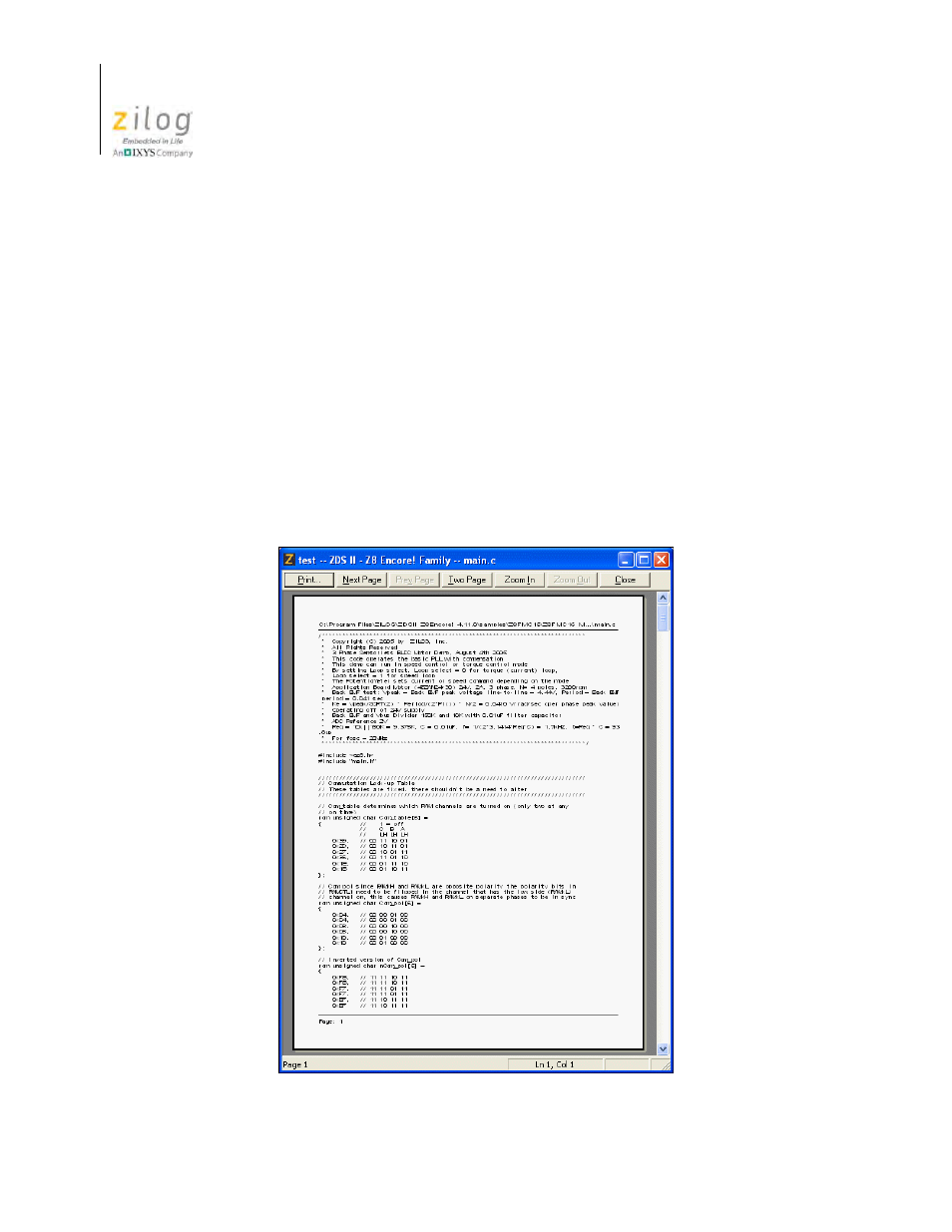 Figure 42. print preview window, Save all, Print | Print preview | Zilog Z8F0130 User Manual | Page 80 / 582