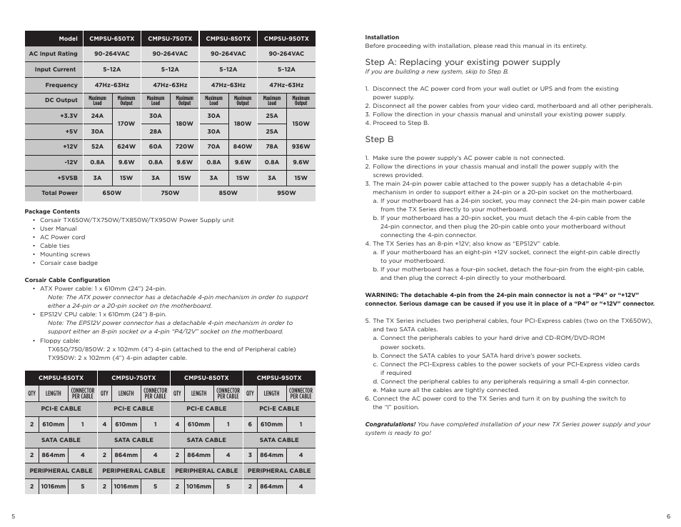 Step a: replacing your existing power supply, Step b | Corsair TX650W User Manual | Page 4 / 21