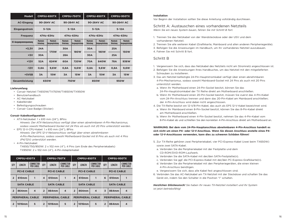Schritt a: austauschen eines vorhandenen netzteils, Schritt b | Corsair TX650W User Manual | Page 9 / 21