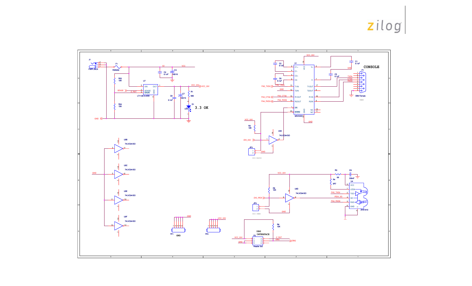 Z8 encore! xp, F082a series mcu development board, Schematics | Console, 3 ok | Zilog Z8F011A User Manual | Page 13 / 15