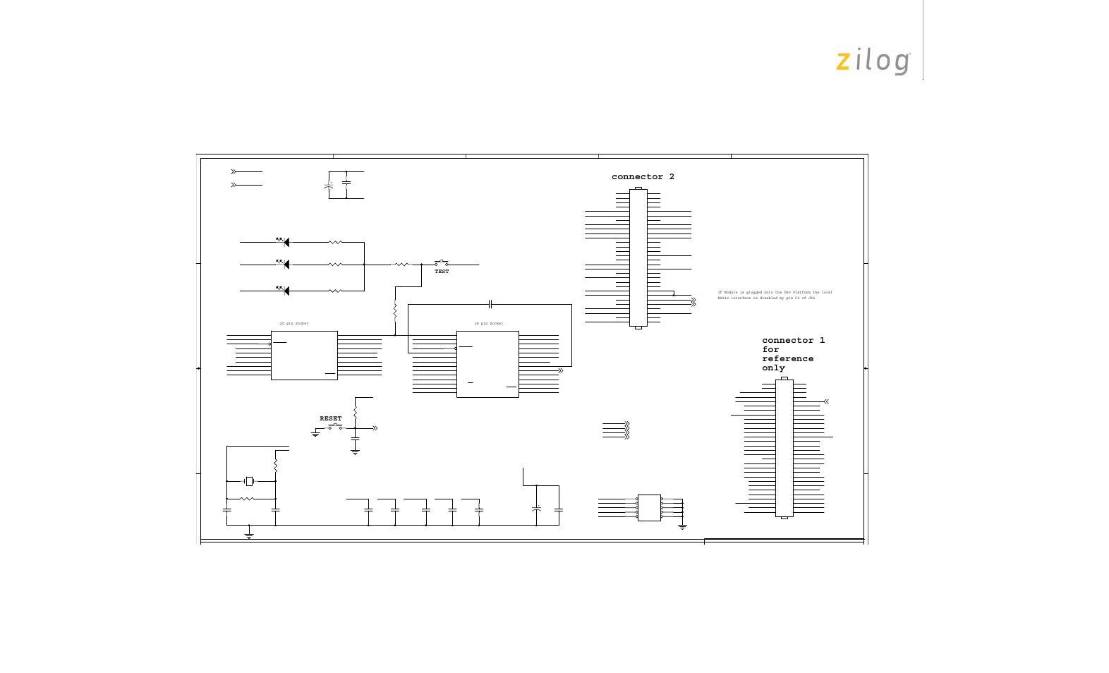 Schematics, Z8 encore! xp, F0822 series development kit user manual | F0822 series evaluation board, Connector 2 connector 1 for reference only, Reset | Zilog Z8F0411 User Manual | Page 14 / 17