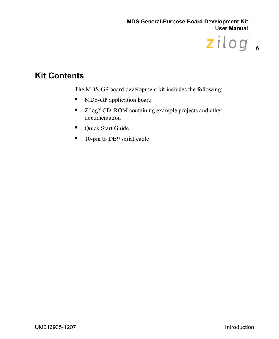 Kit contents | Zilog Z8F0411 User Manual | Page 11 / 83