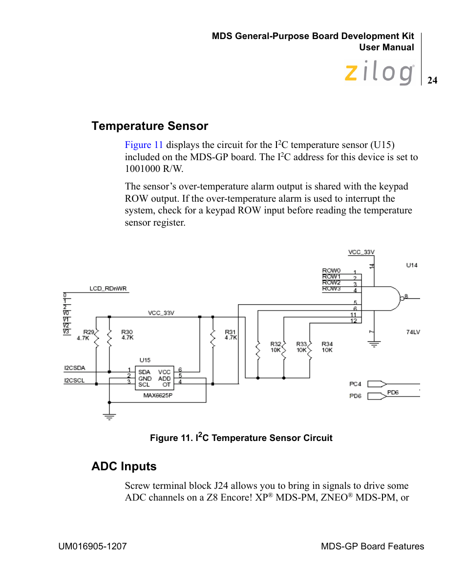 Temperature sensor, Adc inputs, Temperature sensor adc inputs | Zilog Z8F0411 User Manual | Page 29 / 83