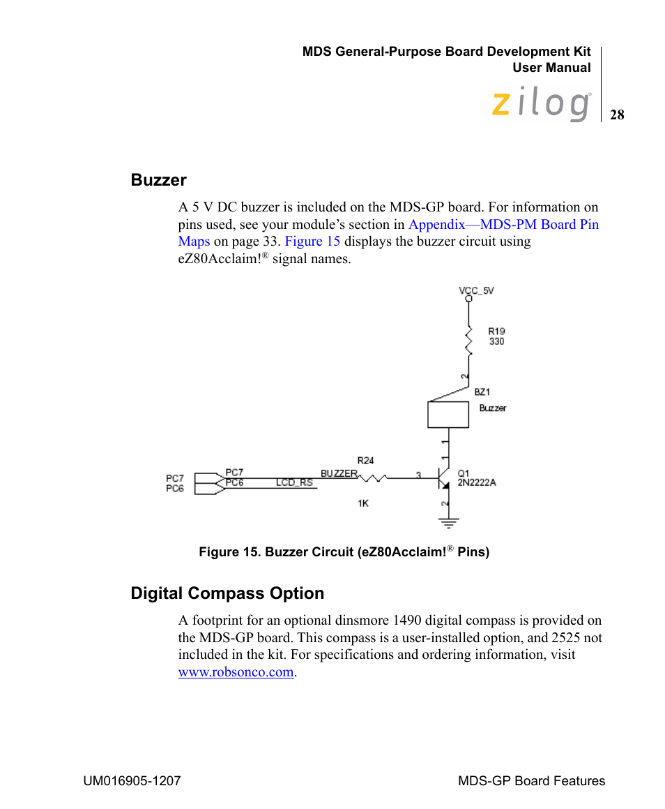 Buzzer, Digital compass option, Buzzer digital compass option | Zilog Z8F0411 User Manual | Page 33 / 83