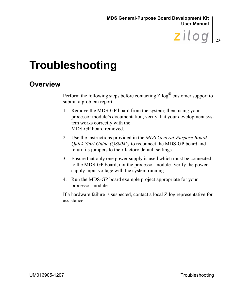Troubleshooting, Overview | Zilog Z8F0411 User Manual | Page 35 / 83