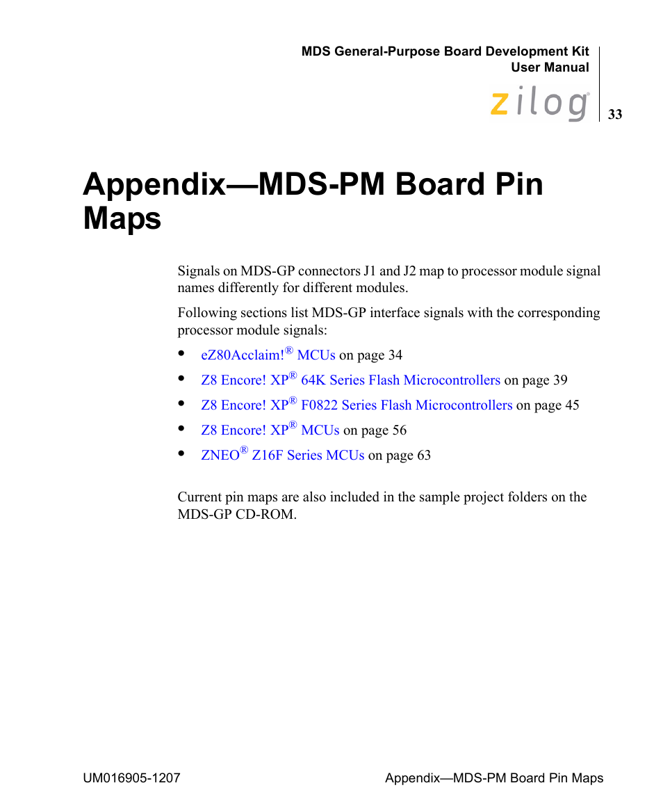 Appendix-mds-pm board pin maps, Appendix—mds-pm board pin maps, Appendix—mds | Pm board pin maps, Appendix—mds-pm, Board pin maps, Appendix—mds-pm board pin, Maps | Zilog Z8F0411 User Manual | Page 44 / 83