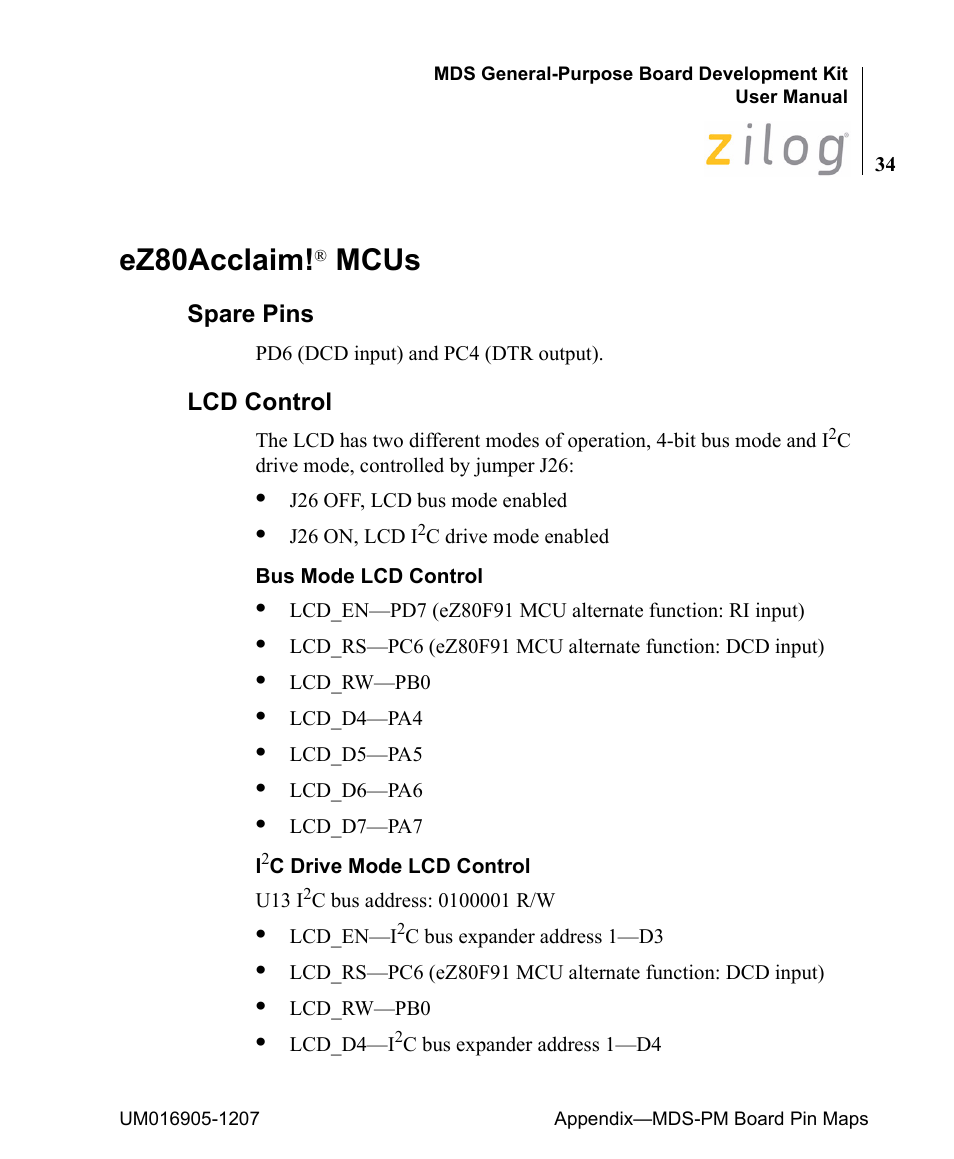 Ez80acclaim!® mcus, Spare pins, Lcd control | Ez80acclaim, Spare pins lcd control, Mcus | Zilog Z8F0411 User Manual | Page 45 / 83