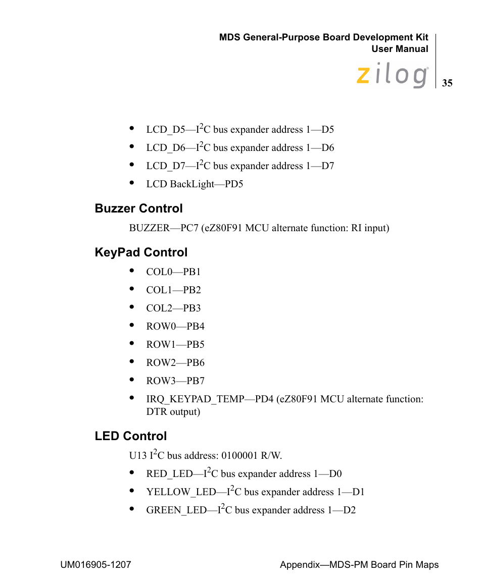 Buzzer control, Keypad control, Led control | Buzzer control keypad control led control | Zilog Z8F0411 User Manual | Page 46 / 83
