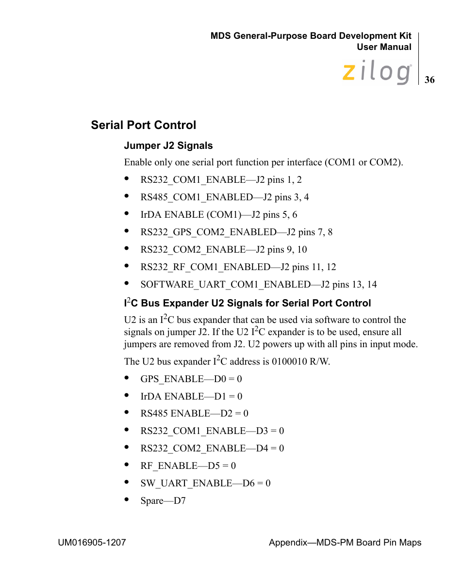 Serial port control | Zilog Z8F0411 User Manual | Page 47 / 83
