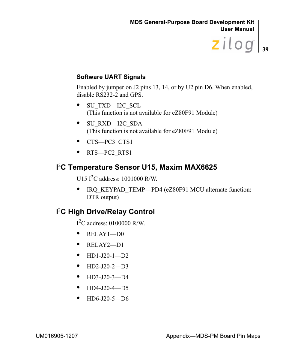 I2c temperature sensor u15, maxim max6625, I2c high drive/relay control | Zilog Z8F0411 User Manual | Page 50 / 83