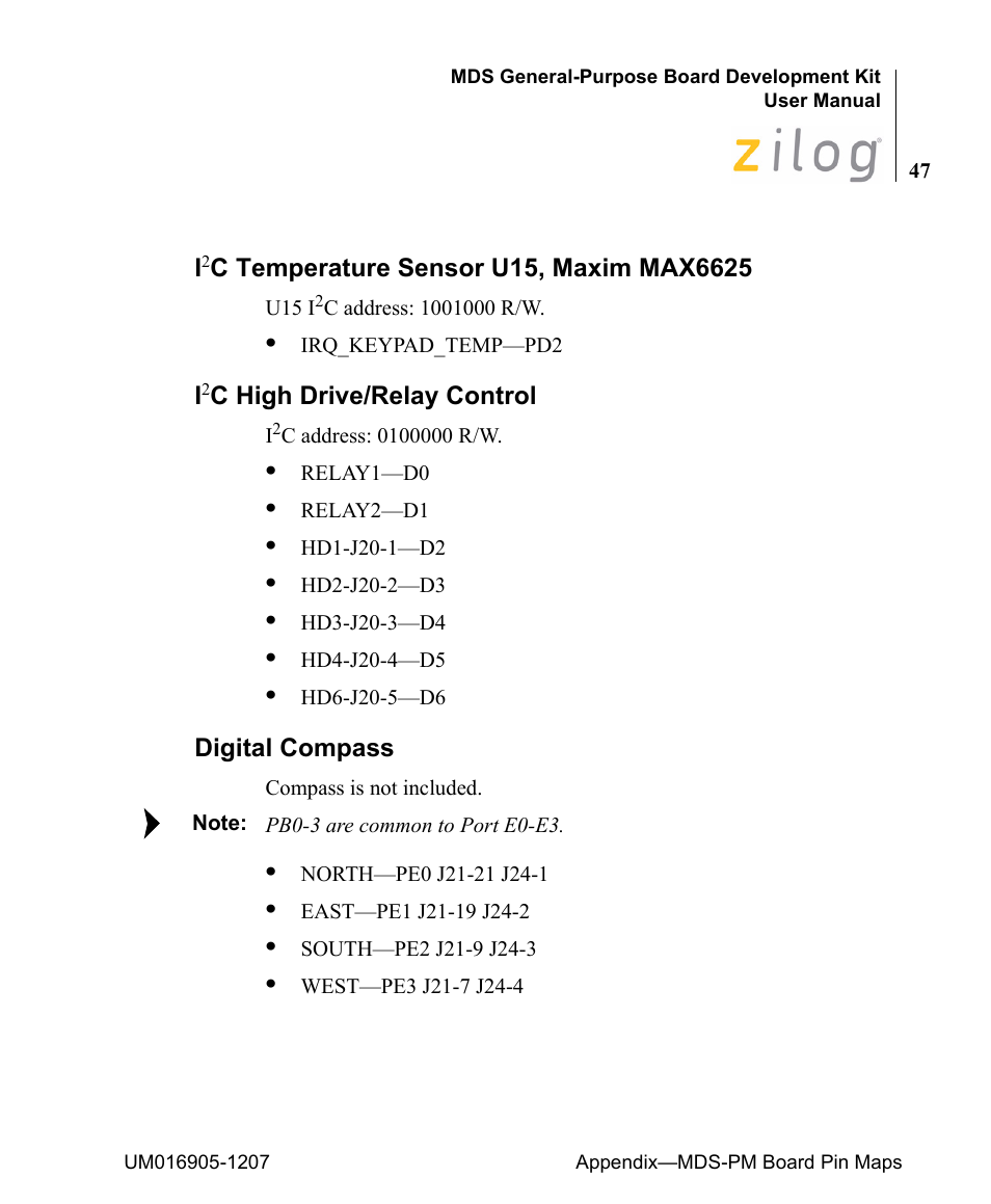 I2c temperature sensor u15, maxim max6625, I2c high drive/relay control, Digital compass | Zilog Z8F0411 User Manual | Page 58 / 83