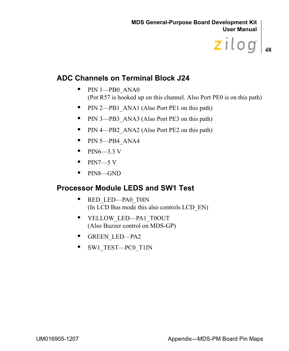 Adc channels on terminal block j24, Processor module leds and sw1 test | Zilog Z8F0411 User Manual | Page 59 / 83
