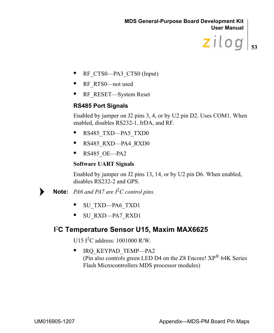 I2c temperature sensor u15, maxim max6625 | Zilog Z8F0411 User Manual | Page 64 / 83