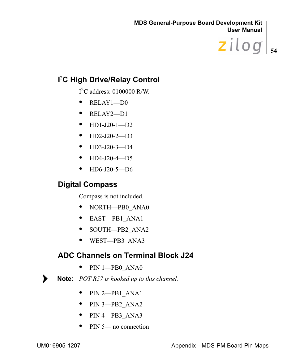 I2c high drive/relay control, Digital compass, Adc channels on terminal block j24 | Digital compass adc channels on terminal block j24 | Zilog Z8F0411 User Manual | Page 65 / 83