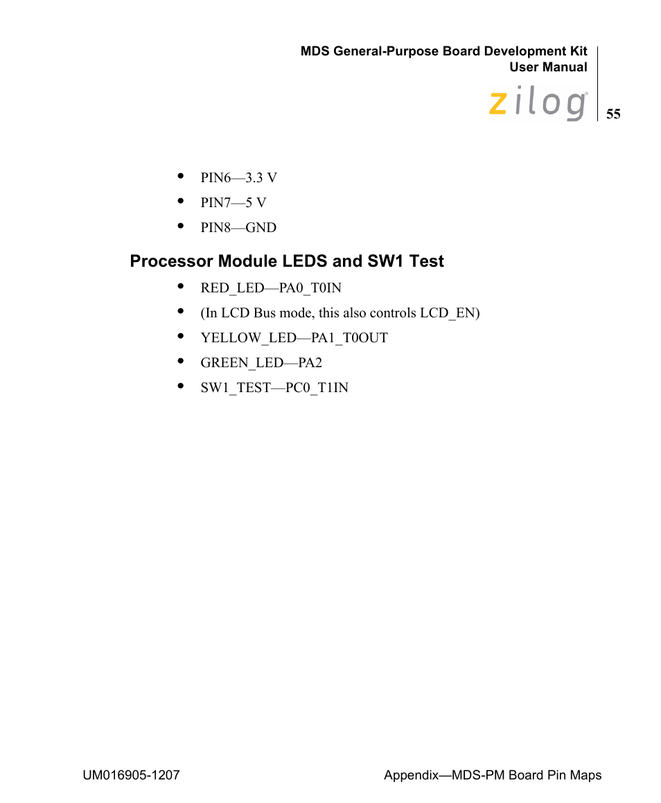 Processor module leds and sw1 test | Zilog Z8F0411 User Manual | Page 66 / 83
