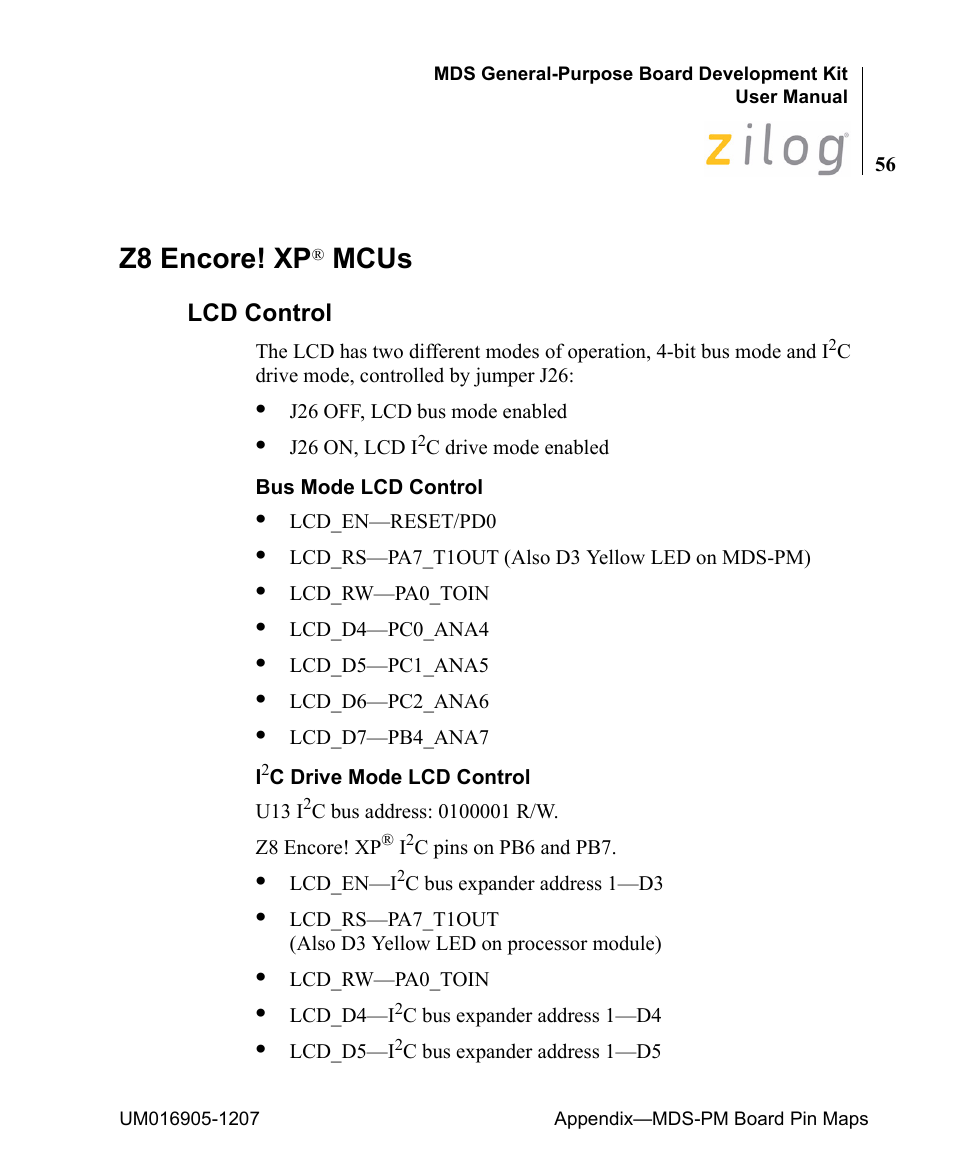 Z8 encore! xp® mcus, Lcd control, Z8 encore! xp | Mcus | Zilog Z8F0411 User Manual | Page 67 / 83