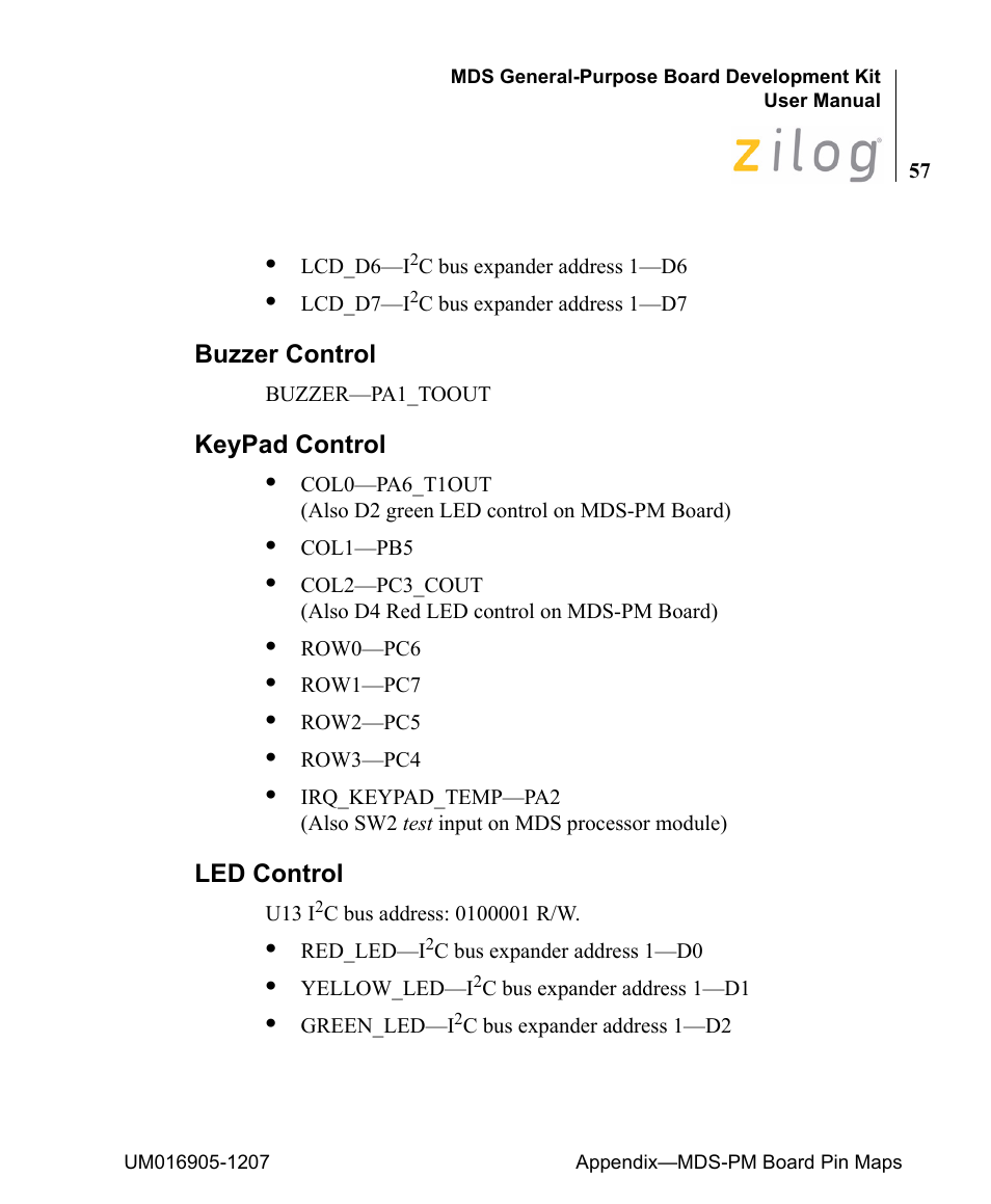 Buzzer control, Keypad control, Led control | Buzzer control keypad control led control | Zilog Z8F0411 User Manual | Page 68 / 83