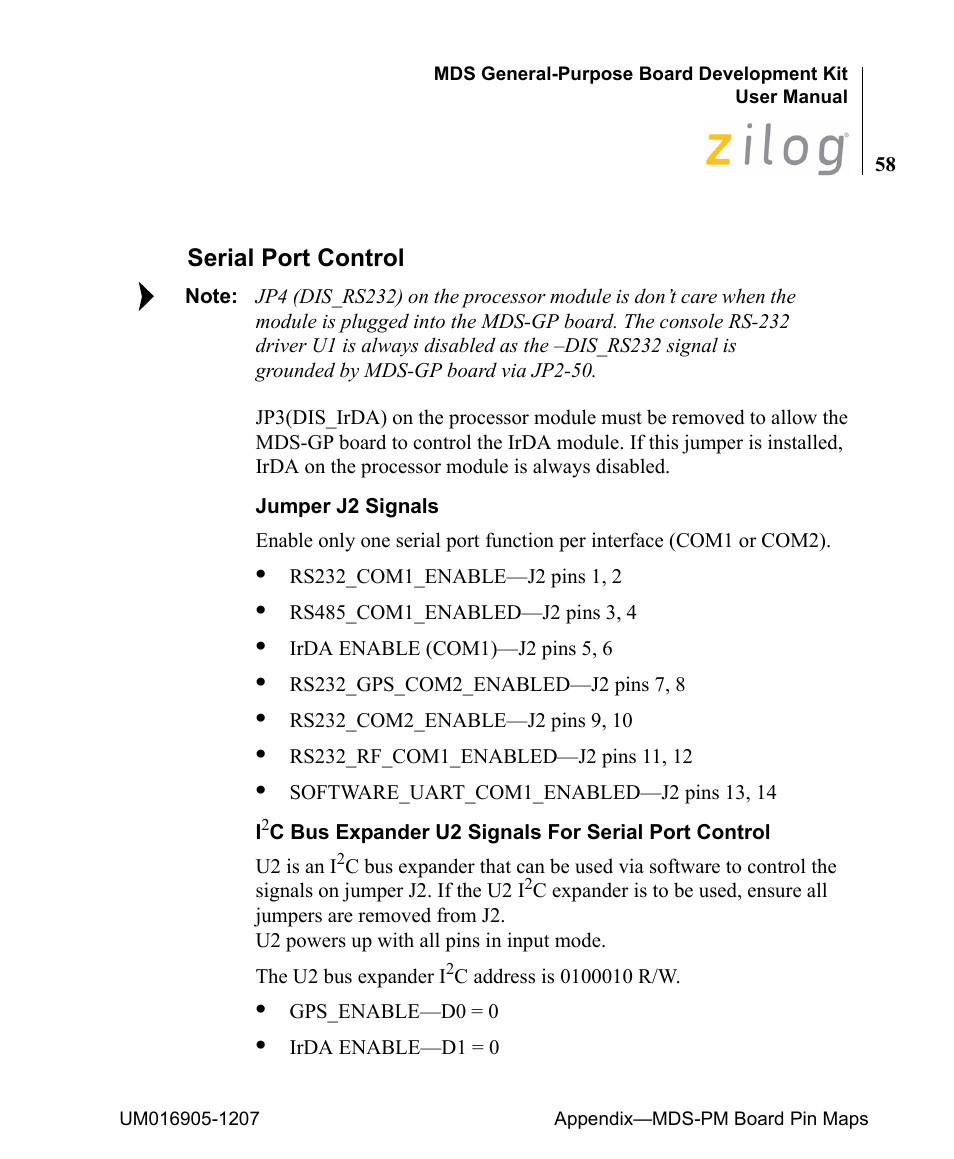 Serial port control | Zilog Z8F0411 User Manual | Page 69 / 83