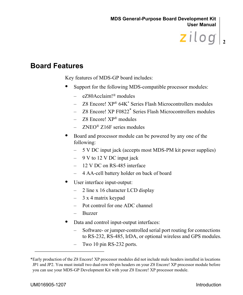 Board features | Zilog Z8F0411 User Manual | Page 7 / 83