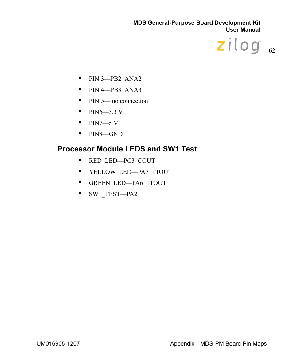 Processor module leds and sw1 test | Zilog Z8F0411 User Manual | Page 73 / 83