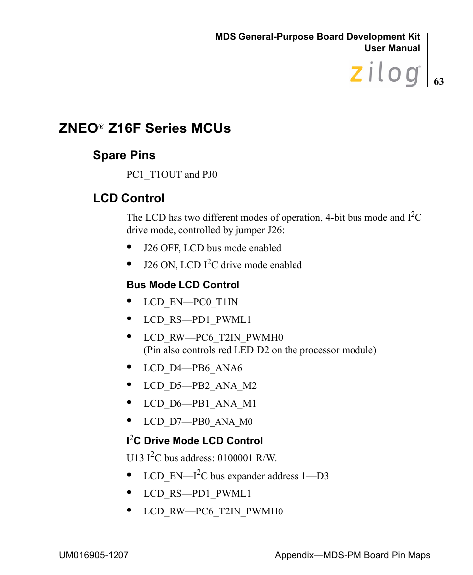 Zneo® z16f series mcus, Spare pins, Lcd control | Zneo, Spare pins lcd control, Z16f series mcus | Zilog Z8F0411 User Manual | Page 74 / 83