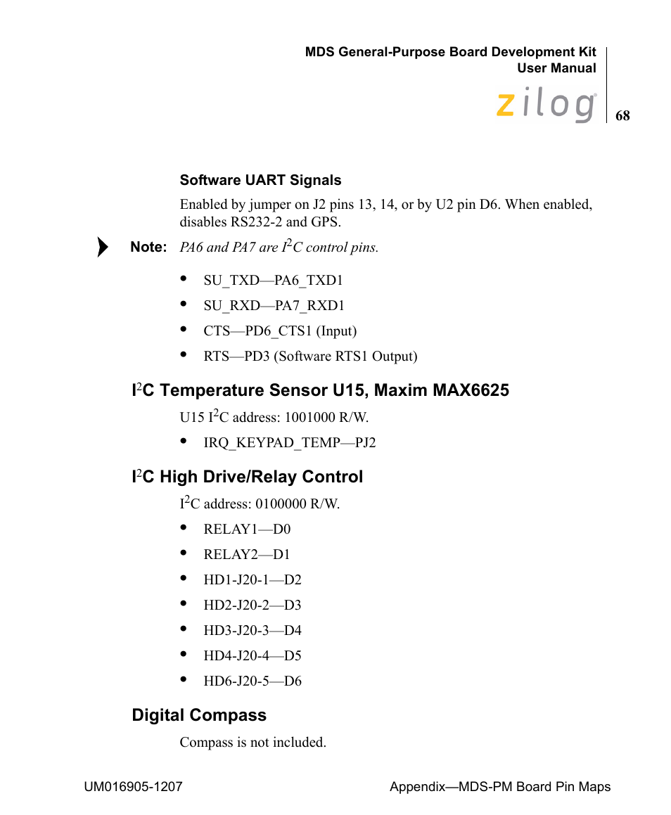 I2c temperature sensor u15, maxim max6625, I2c high drive/relay control, Digital compass | Zilog Z8F0411 User Manual | Page 79 / 83