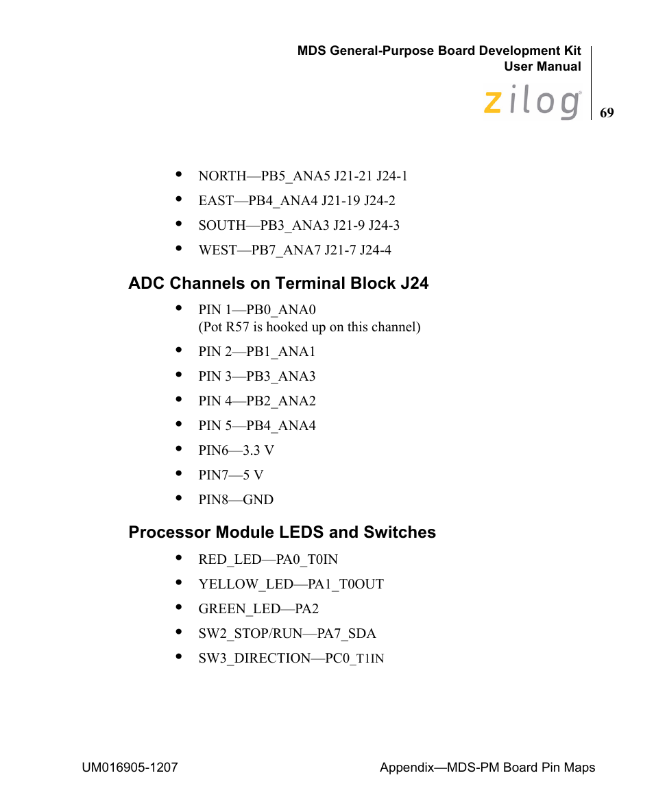 Adc channels on terminal block j24, Processor module leds and switches | Zilog Z8F0411 User Manual | Page 80 / 83