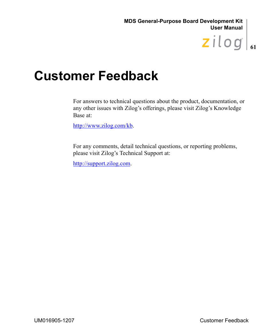 Customer feedback | Zilog Z8F0411 User Manual | Page 82 / 83