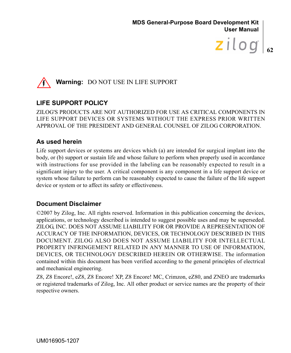 Zilog Z8F0411 User Manual | Page 83 / 83