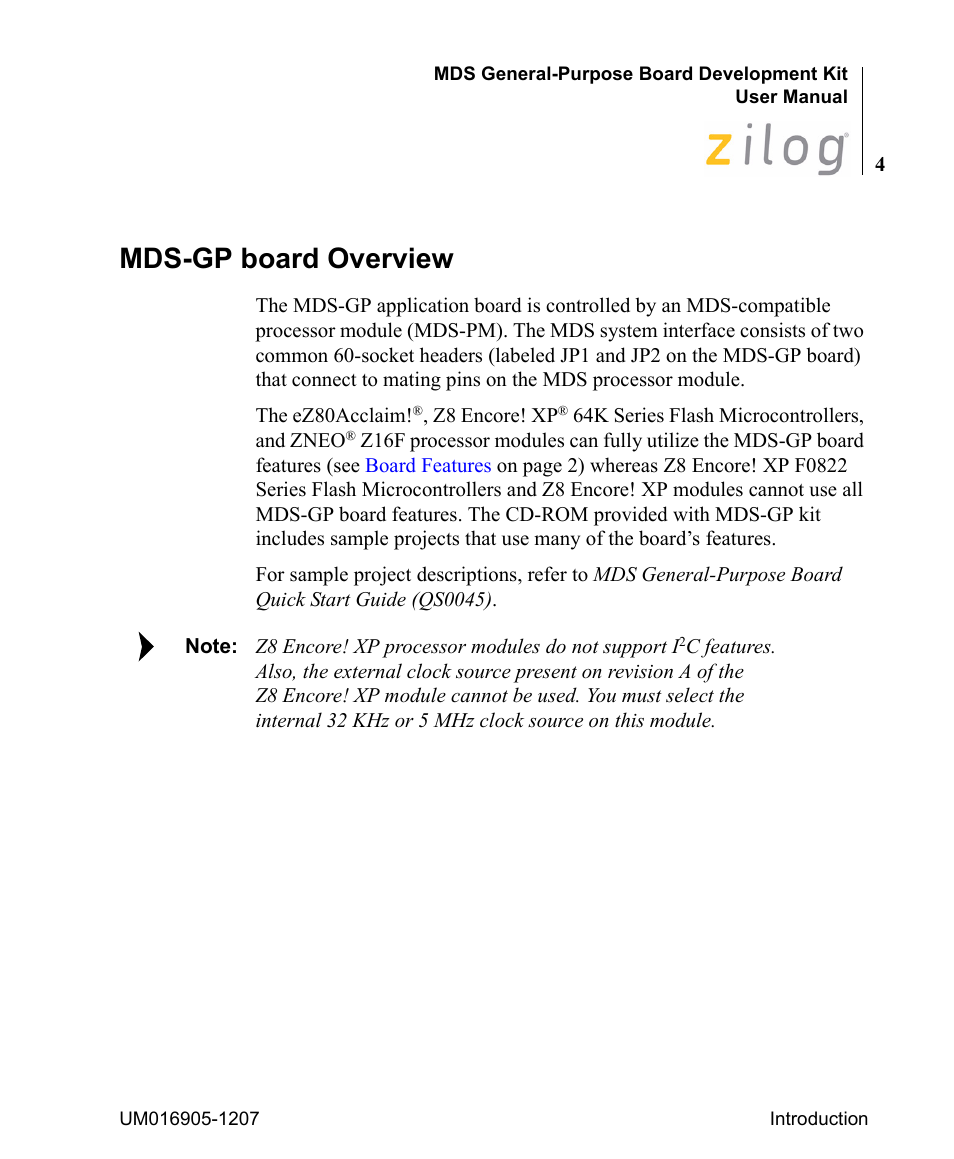 Mds-gp board overview | Zilog Z8F0411 User Manual | Page 9 / 83