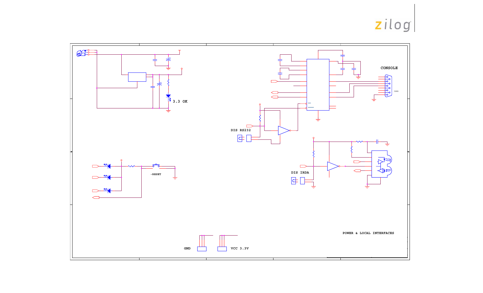 Console 3.3 ok, Dis rs232, Dis irda | Vcc 3.3v power & local interfaces gnd | Zilog Z8F0880 User Manual | Page 16 / 18