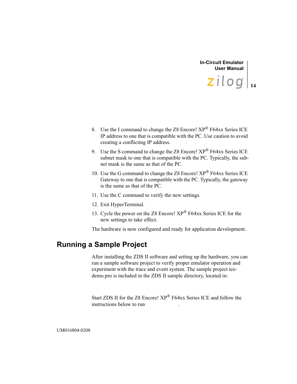 Running a sample project | Zilog Z8F1621 User Manual | Page 17 / 27