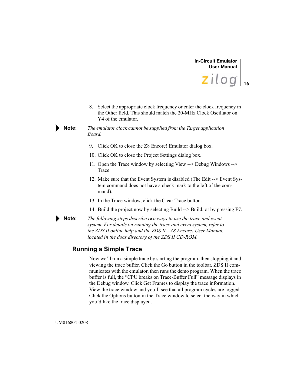 Running a simple trace | Zilog Z8F1621 User Manual | Page 19 / 27