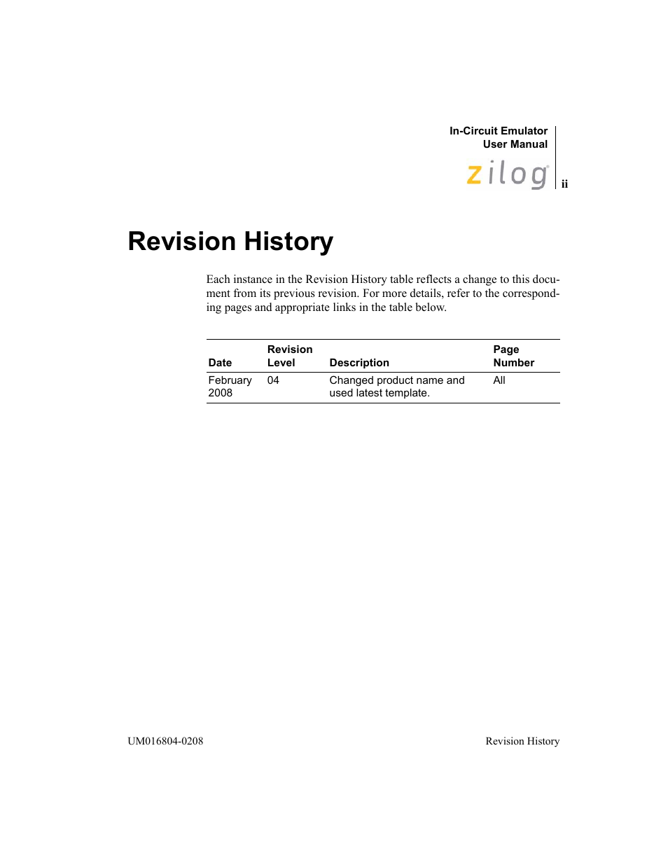 Revision history | Zilog Z8F1621 User Manual | Page 2 / 27