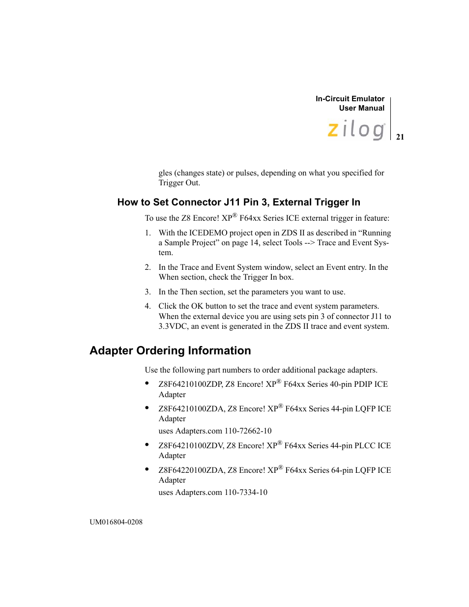 Adapter ordering information | Zilog Z8F1621 User Manual | Page 24 / 27