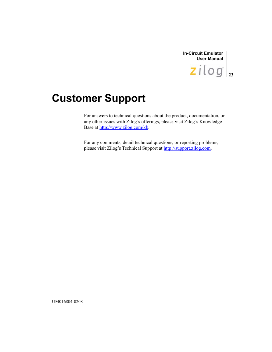 Customer support | Zilog Z8F1621 User Manual | Page 26 / 27