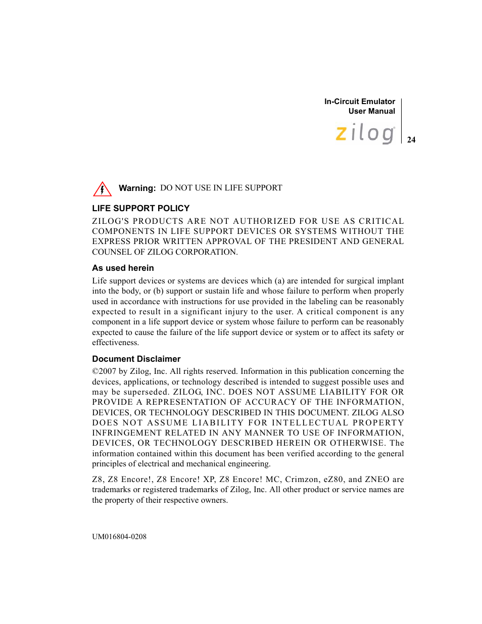 Zilog Z8F1621 User Manual | Page 27 / 27