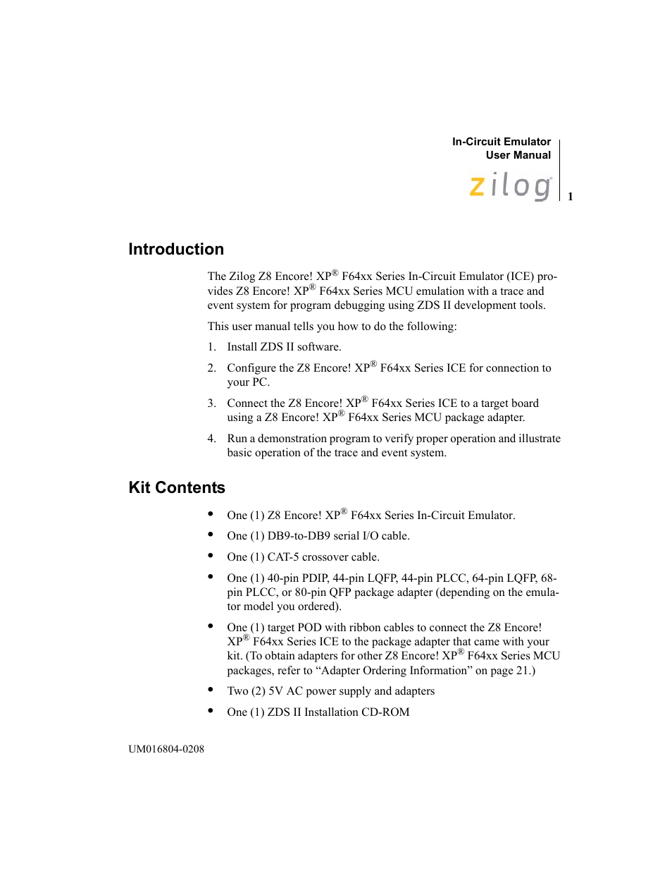 Introduction, Kit contents, Introduction kit contents | Zilog Z8F1621 User Manual | Page 4 / 27