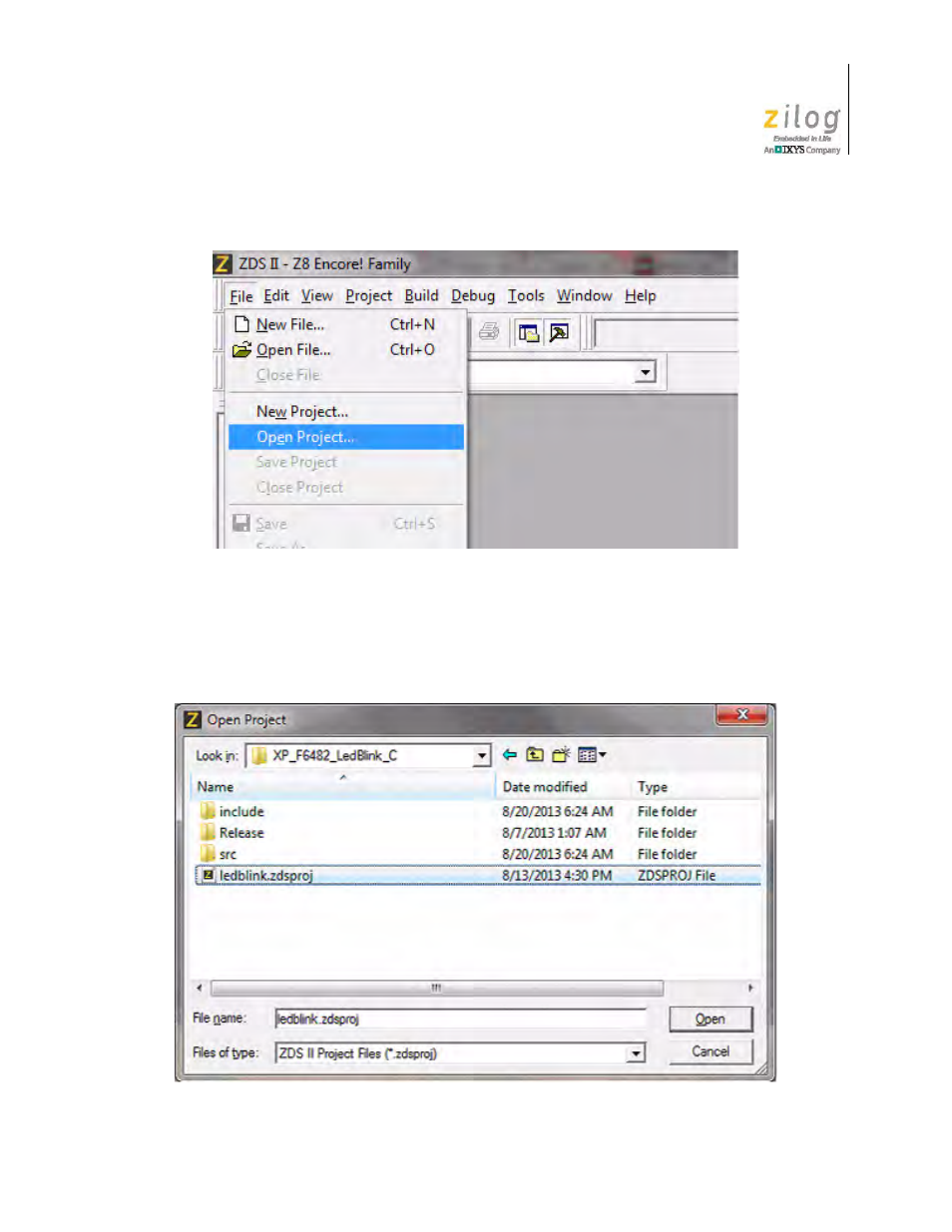 Figure 6, Open project from the zds ii file menu, Figure 7 | Select the ledblink.zdsproj project | Zilog Z8F1681 User Manual | Page 19 / 50