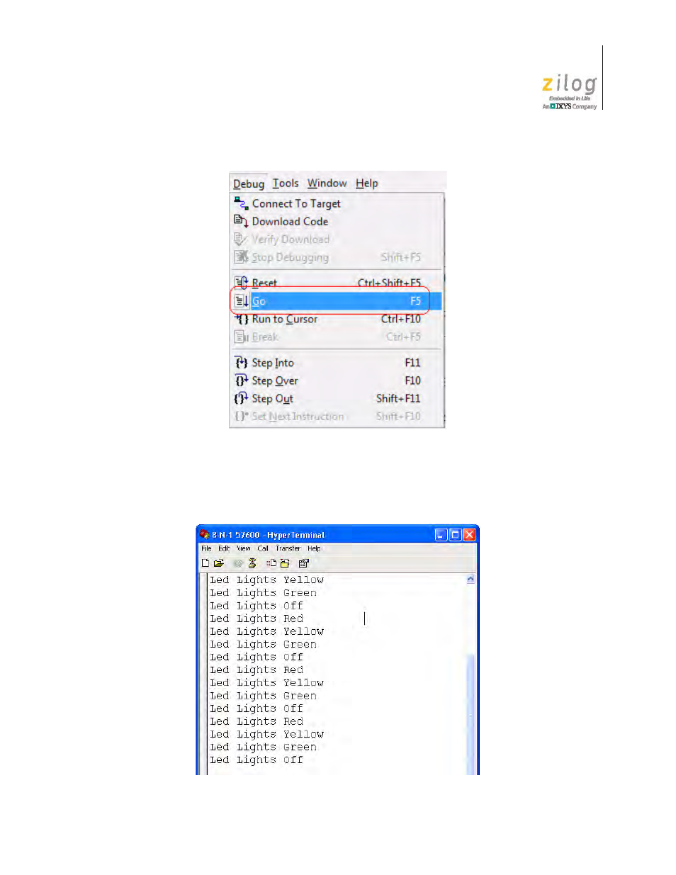 Figure 9, Select go from the debug menu | Zilog Z8F1681 User Manual | Page 21 / 50