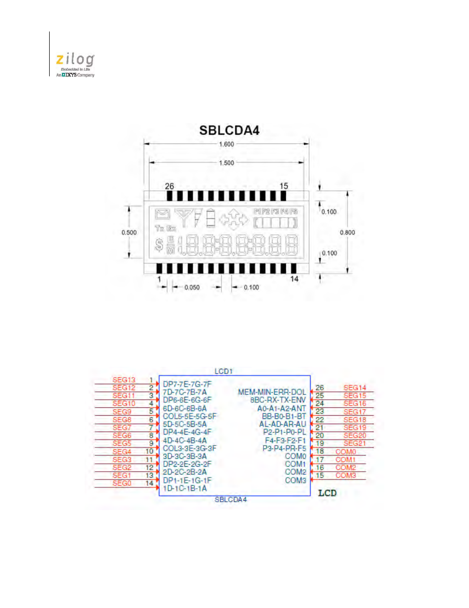 Figure 14. seven-segment lcd from softbaugh, Figure 15. lcd1 pin configuration | Zilog Z8F1681 User Manual | Page 28 / 50