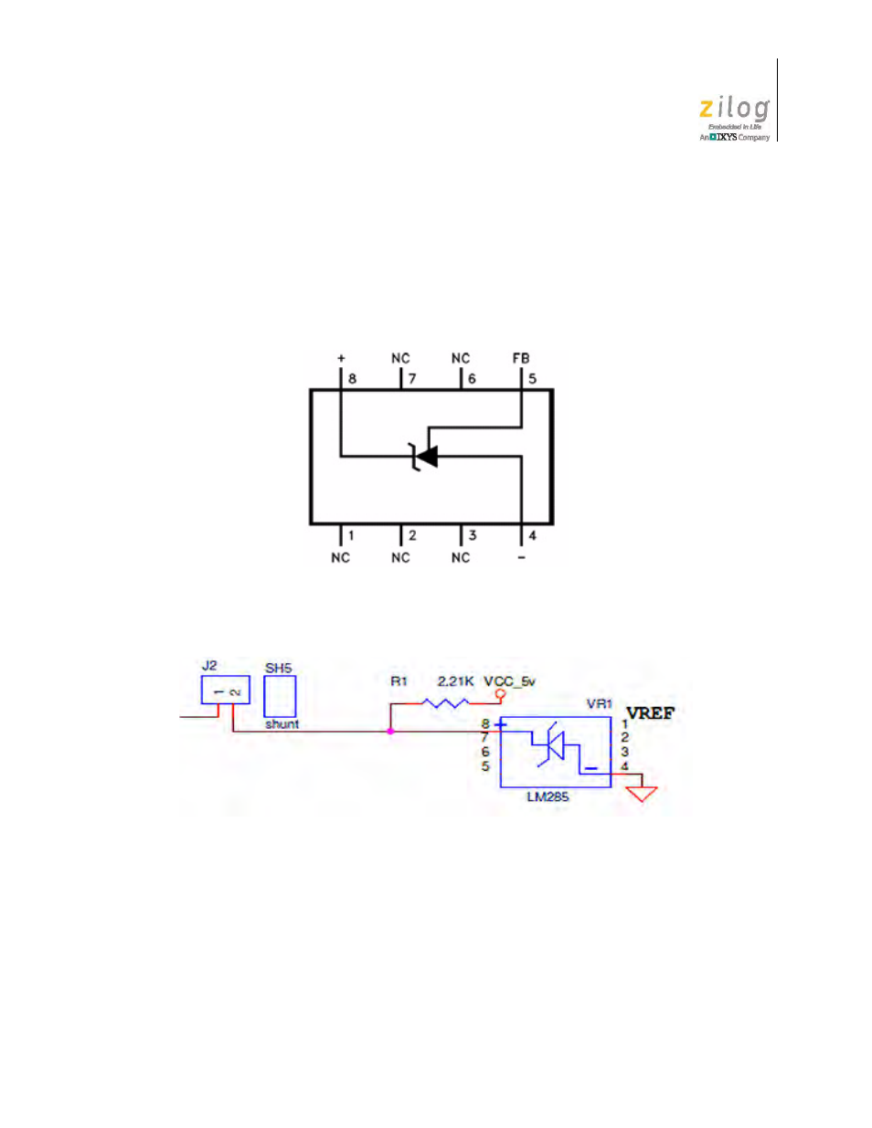 Lm285 adjustable micropower voltage reference, Figure 32. lm285 adjustable micropower circuit | Zilog Z8F1681 User Manual | Page 37 / 50