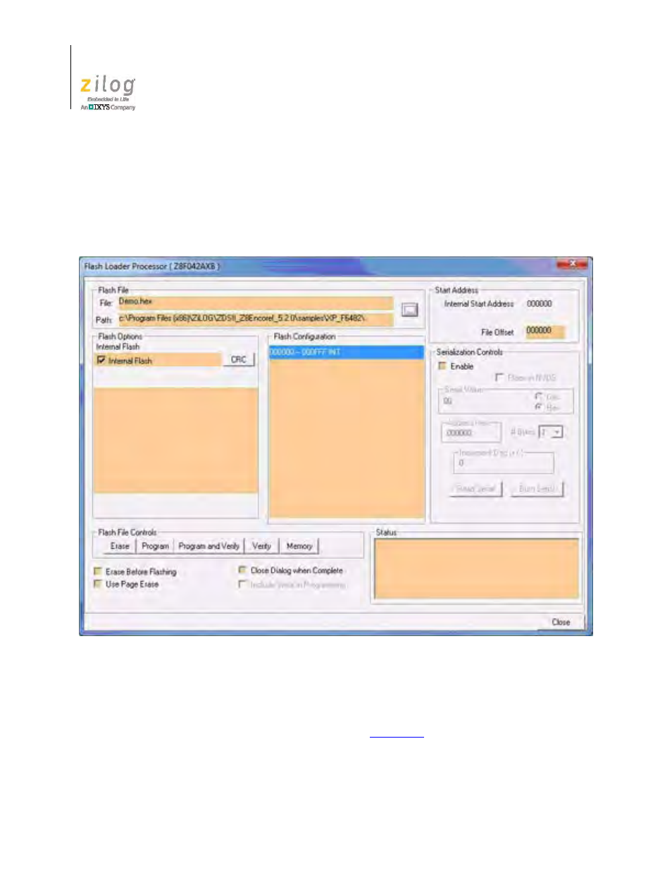 Zds ii flash loader utility, Z8f6482 sample projects, Figure 36. an example flash loader screen | Zilog Z8F1681 User Manual | Page 40 / 50