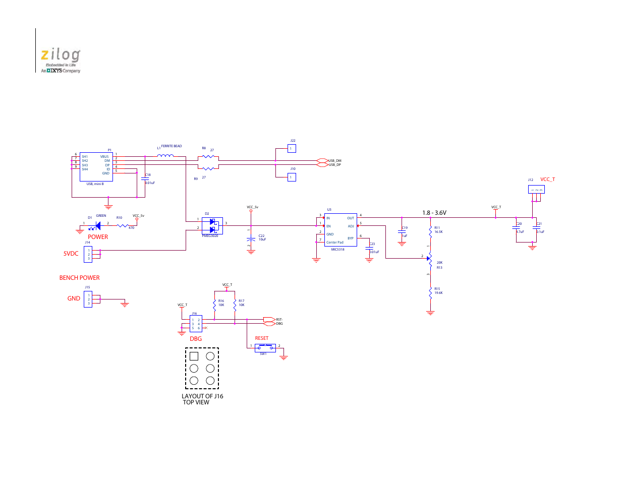 Appendix a. schematic diagrams, F6482 series development kit user manual, 8 - 3.6v | Bench power 5vdc gnd power, Dbg layout of j16 top view | Zilog Z8F1681 User Manual | Page 42 / 50