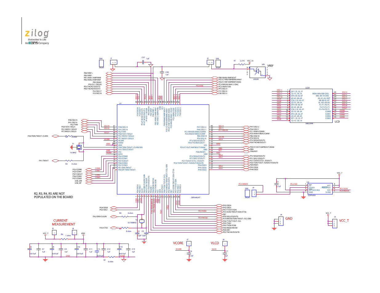 F6482 series development kit user manual, Current measurement gnd vcc_t, Vcore vlcd | R2, r3, r4, r5 are not populated on the board | Zilog Z8F1681 User Manual | Page 44 / 50