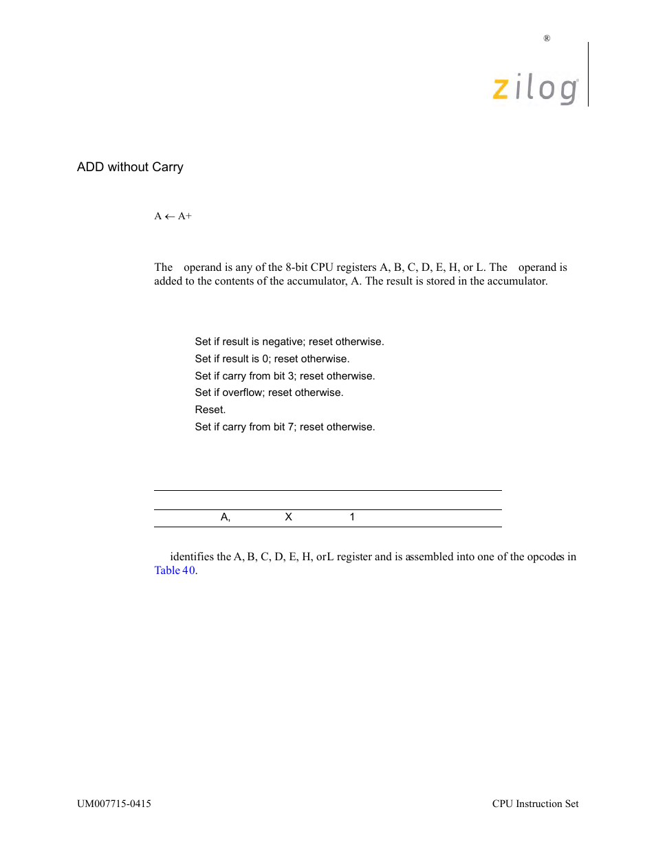 Add a, r, Operation, Description | Condition bits affected attributes | Zilog EZ80F916 User Manual | Page 101 / 411